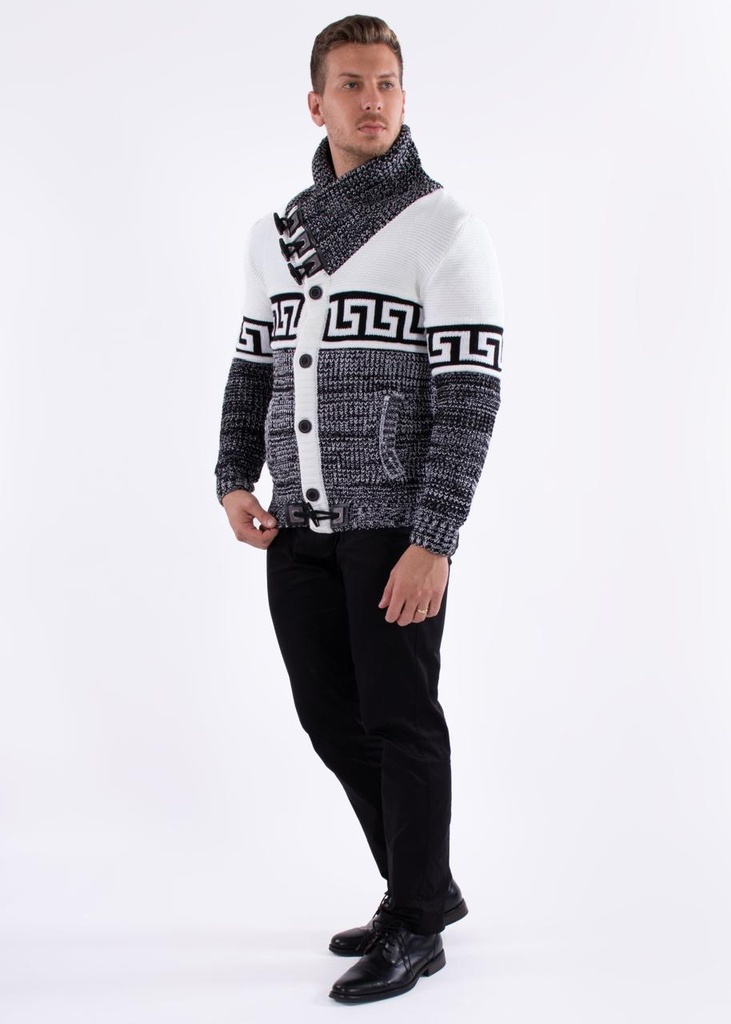 Greek Key Contrast Button Up Sweater