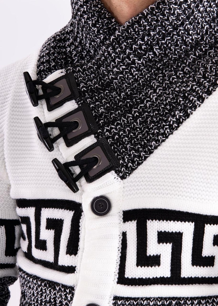 Greek Key Contrast Button Up Sweater