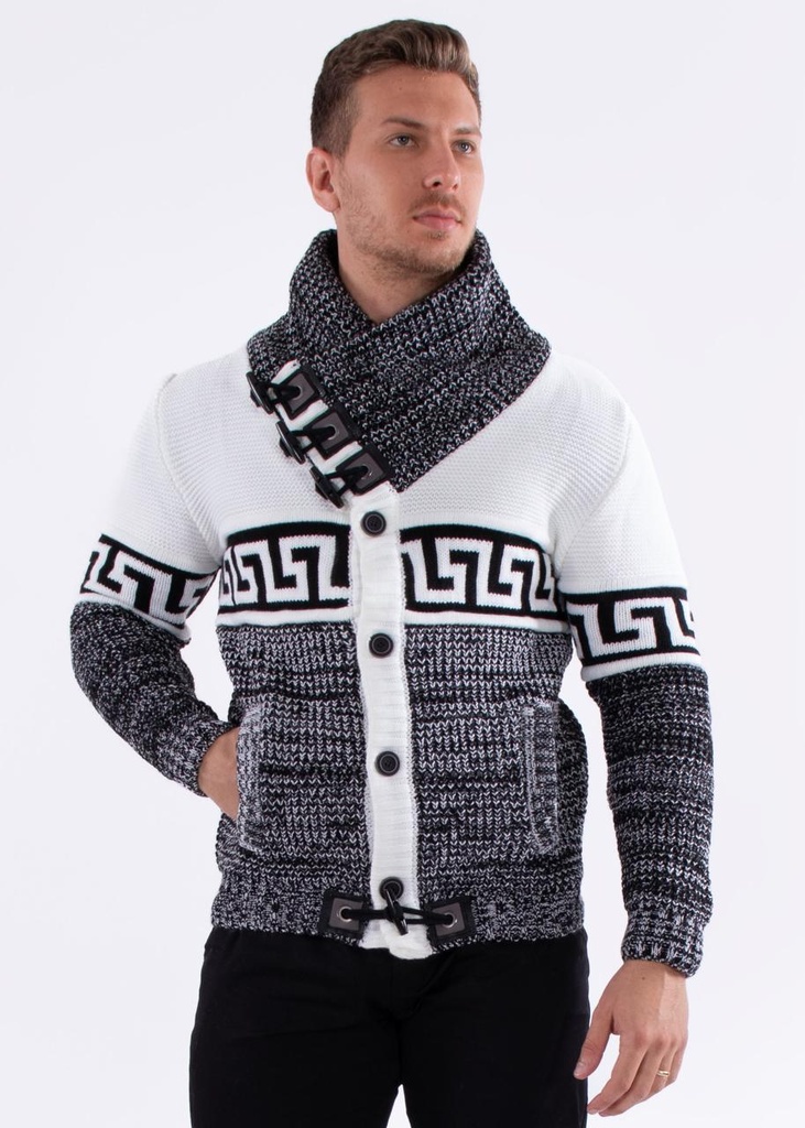 Greek Key Contrast Button Up Sweater