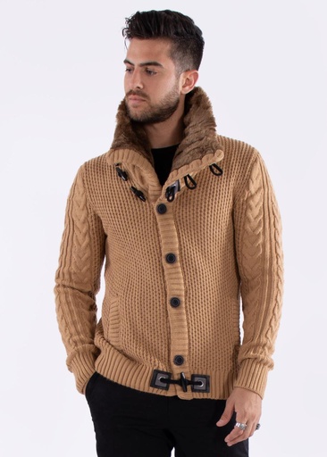 Fur-Lined Collar Button Up Sweater